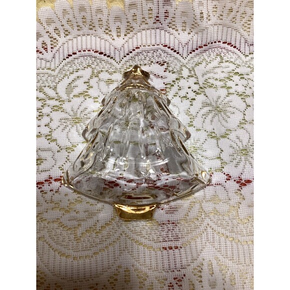 Vintage Christmas Tree Shaped Trinket Dish Clear Glass with Gold Trim - Picture 2 of 7